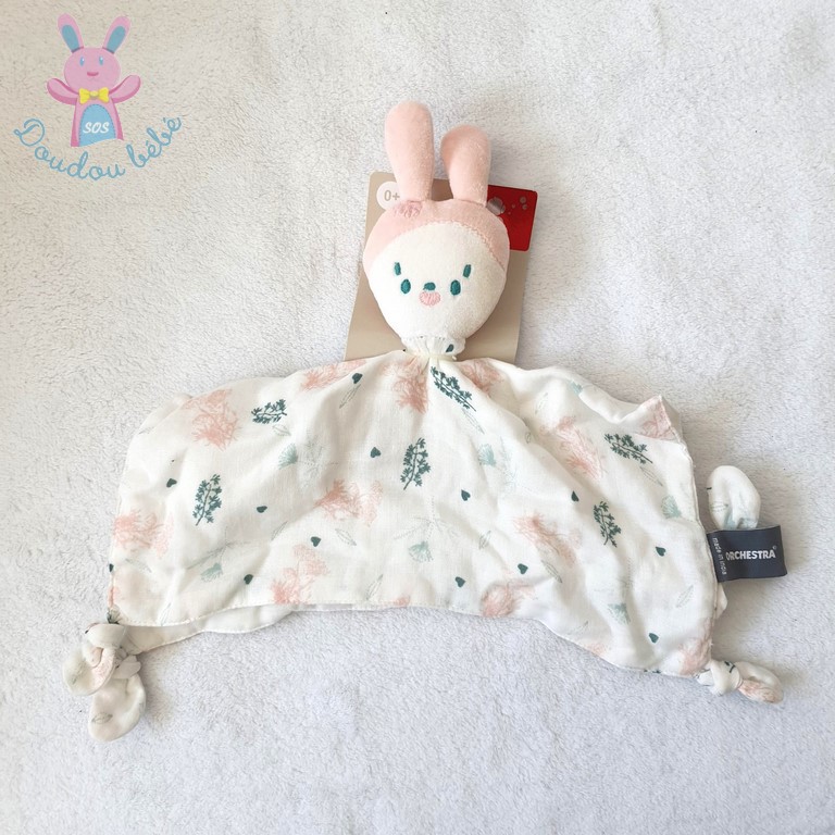 Doudou plat Lapin lange blanc rose vert feuilles fleurs ORCHESTRA