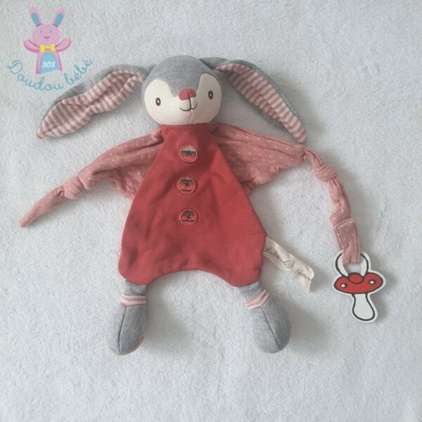 Doudou plat Lapin rose gris rayé attache tétine Natural BUKOWSKI