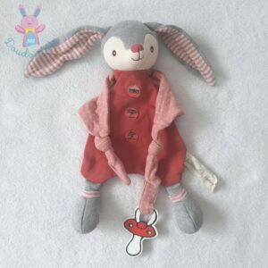 Doudou plat Lapin rose gris rayé attache tétine Natural BUKOWSKI