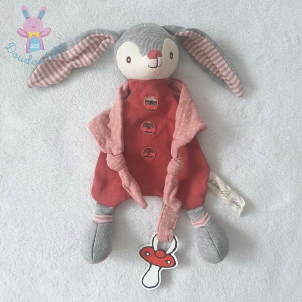 Doudou plat Lapin rose gris rayé attache tétin Natural BUKOWSKI