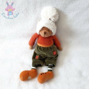 Doudou Ours vert orange bonnet blanc BUKOWSKI