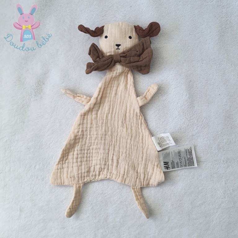 Doudou plat Chien lange tissu beige et marron nœud H&M