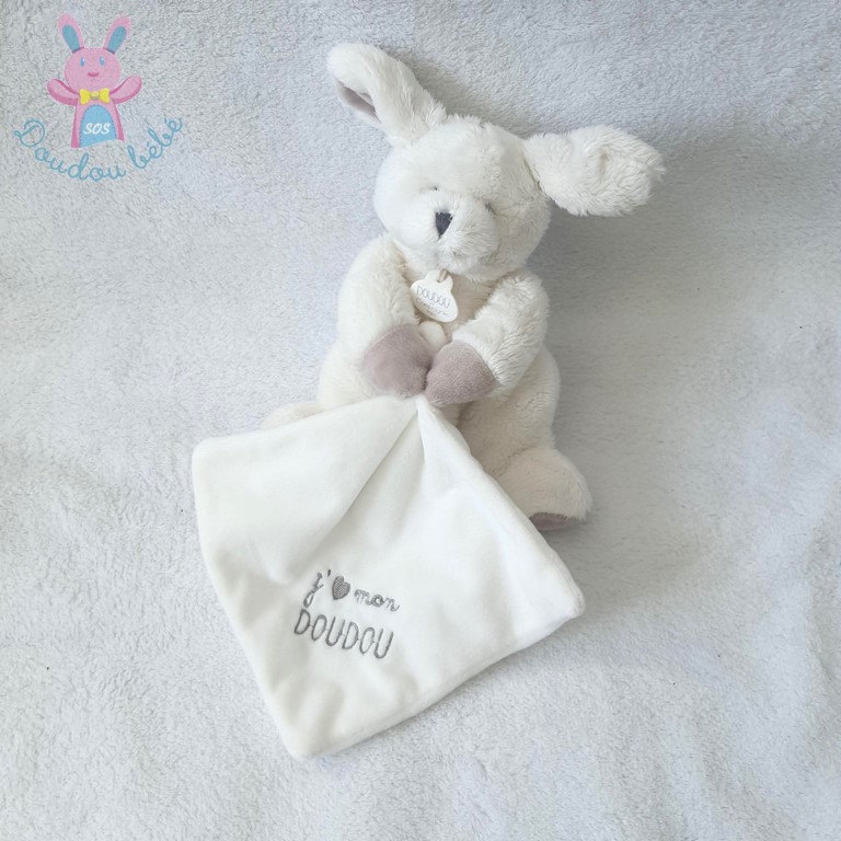 Chien blanc beige mouchoir "J'aime mon doudou" DOUDOU ET COMPAGNIE