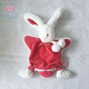 Doudou plat Lapin pompon fraise blanc rose DOUDOU ET COMPAGNIE