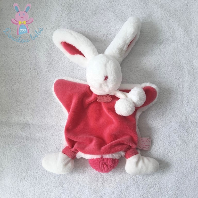 Doudou plat Lapin pompon fraise blanc rose DOUDOU ET COMPAGNIE