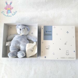 Doudou Ours bleu mouchoir blanc J’aime mon DOUDOU ET COMPAGNIE