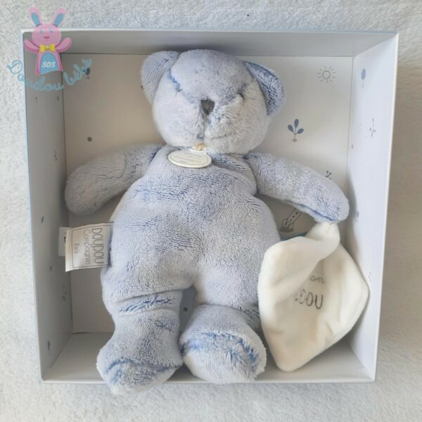 Doudou Ours bleu mouchoir blanc J'aime mon DOUDOU ET COMPAGNIE