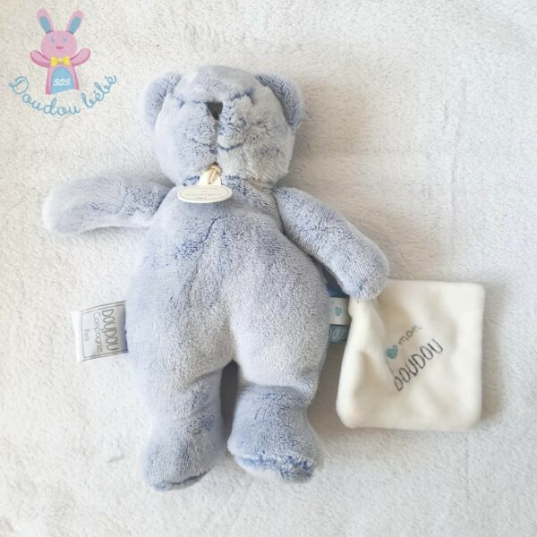 Doudou Ours bleu mouchoir blanc J'aime mon DOUDOU ET COMPAGNIE