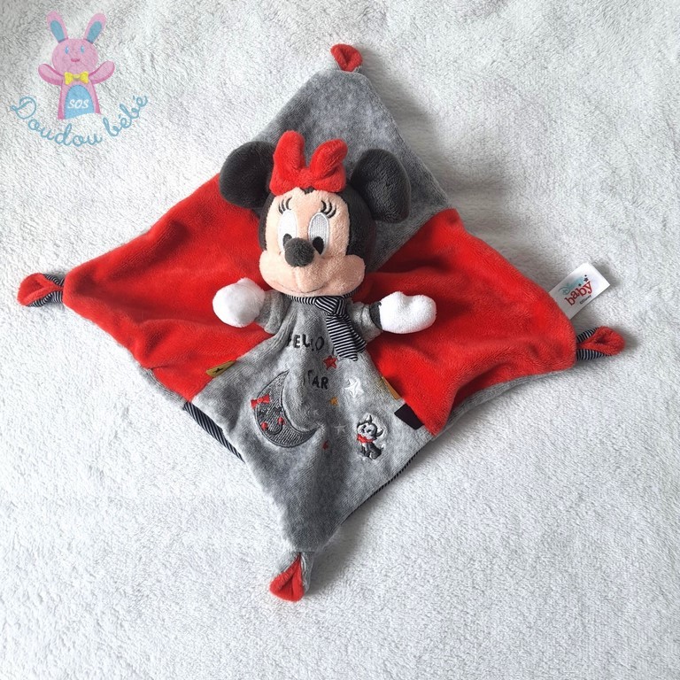 Doudou plat Souris Minnie gris rouge rayé "Hello star" Disney