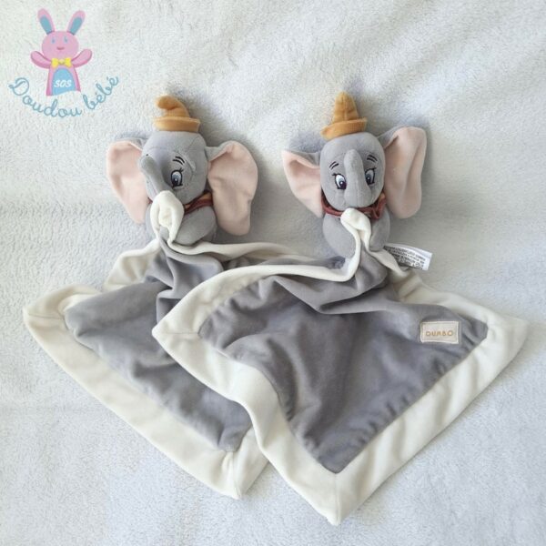 Lot de 2 doudous éléphant Dumbo mouchoir gris blanc DISNEY