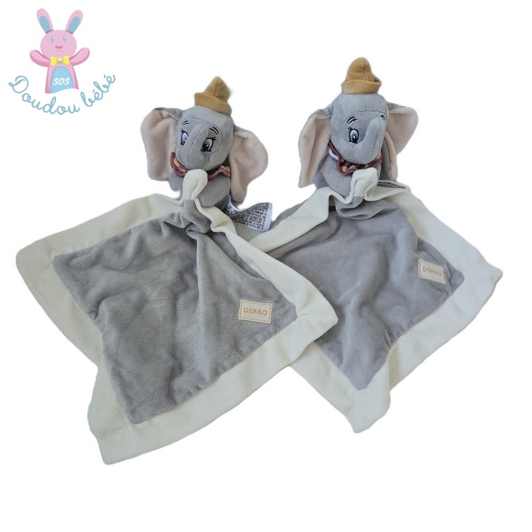 Lot de 2 doudous éléphant Dumbo mouchoir gris blanc DISNEY