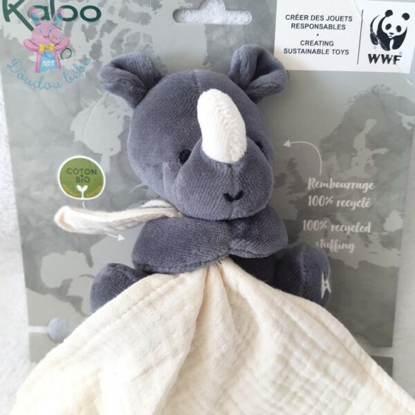 Doudou Rhinocéros gris mouchoir tissu beige WWF KALOO