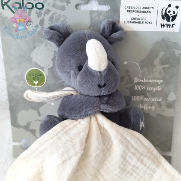 Doudou Rhinocéros gris mouchoir tissu beige WWF KALOO