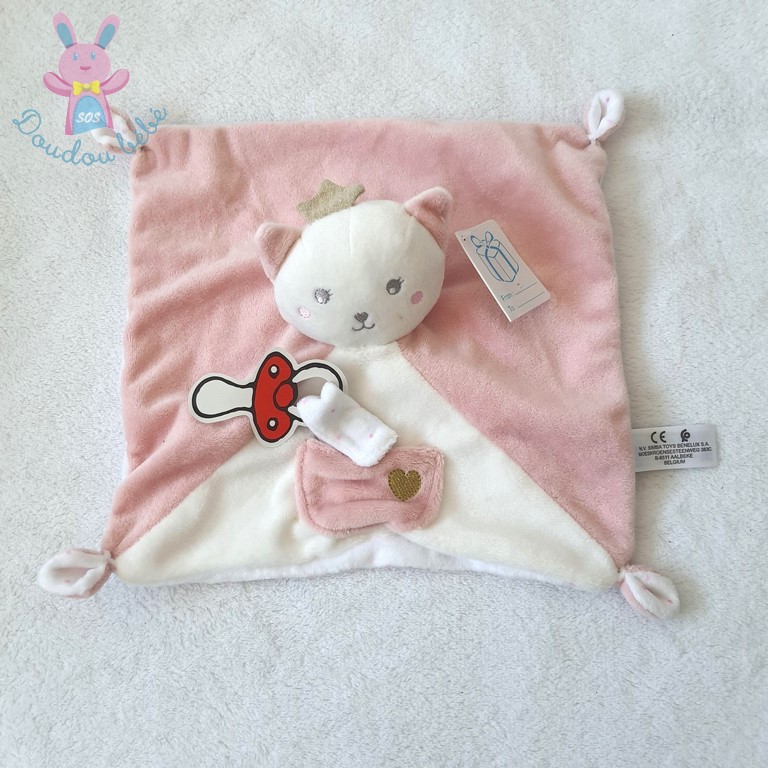 Doudou plat Chat couronne rose blanc poche attache tétine SIMBA