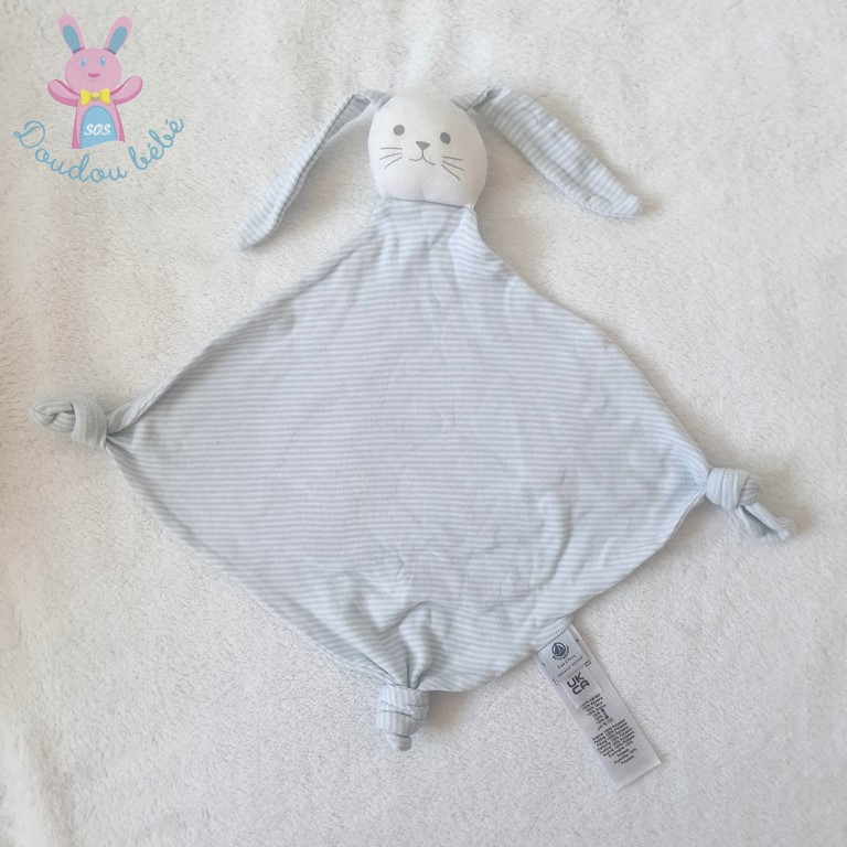 Doudou plat Lapin tissu lange rayé bleu blanc PETIT BATEAU