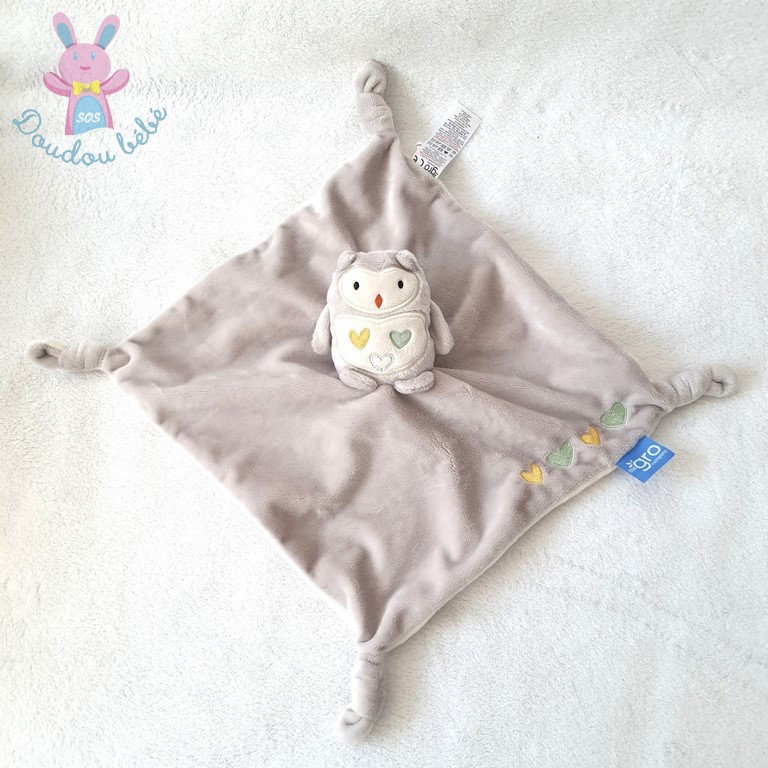 Doudou plat Ollie la Chouette Hibou gris cœurs THE GRO COMPANY