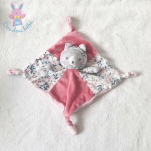 Doudou plat Ours Chat rose gris blanc fleurs Gémo