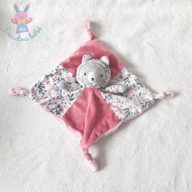 Doudou plat Ours Chat rose gris blanc fleurs Gémo