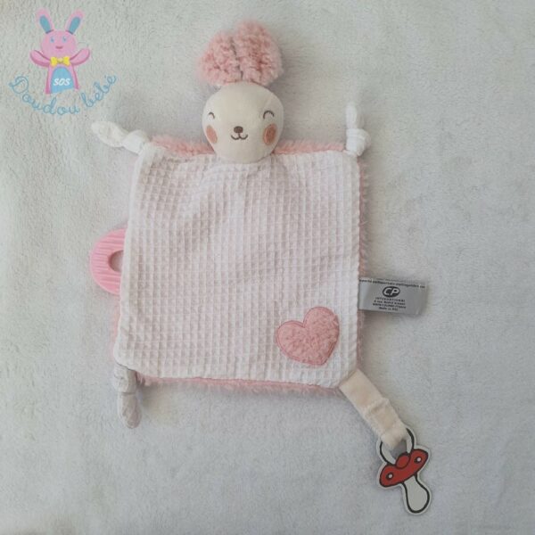 Doudou plat Lapin blanc rose cœur attache tétine CP INTERNATIONAL