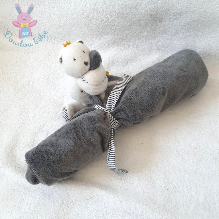 Doudou Ours Sam couronne blanc gris rayé couverture NOUKIE'S