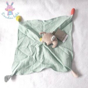 Doudou plat éléphant beige lange coton vert FEHN