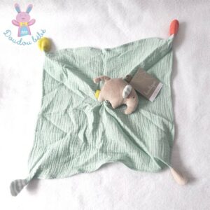 Doudou plat éléphant beige lange coton vert FEHN