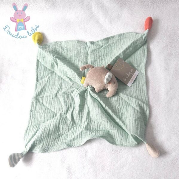 Doudou plat éléphant beige lange coton vert FEHN