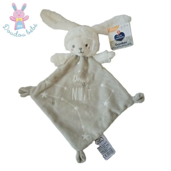 Doudou plat Lapin Ours gris douce nuit étoiles MOTS D'ENFANTS
