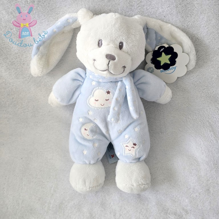 Doudou Lapin bleu blanc étoiles lune luminescent NICOTOY SIMBA