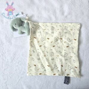 Doudou éléphant vert mouchoir lange beige motifs ORCHESTRA