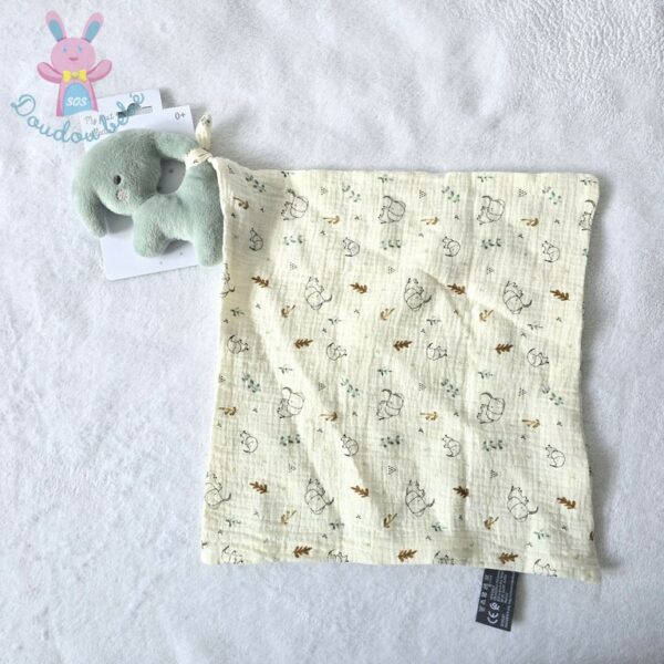 Doudou éléphant vert mouchoir lange beige motifs ORCHESTRA