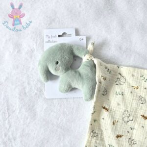 Doudou éléphant vert mouchoir lange beige motifs ORCHESTRA