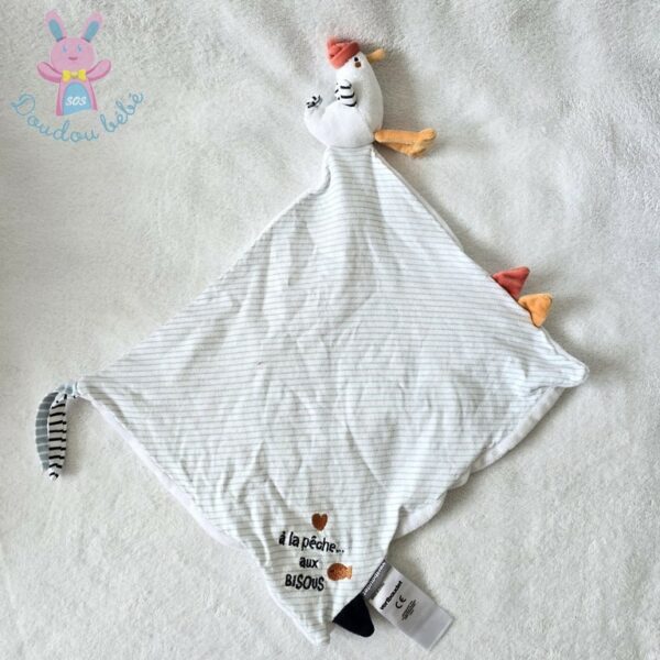 Doudou plat Canard Oiseau Mouette rayé "A la pêche aux bisous" MOTS D'ENFANTS