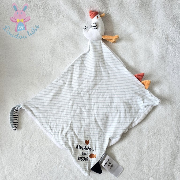 Doudou plat Canard Oiseau Mouette rayé "A la pêche aux bisous" MOTS D'ENFANTS