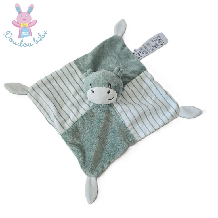 Doudou plat Hippopotame vert blanc et rayé Gémo