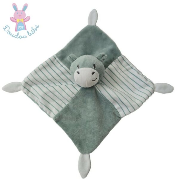 Doudou plat Hippopotame vert blanc et rayé Gémo