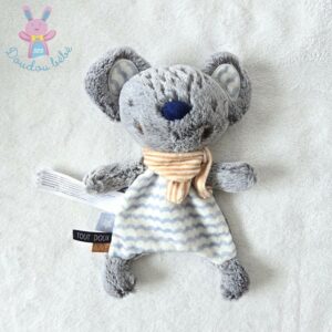 Doudou plat Souris gris bleu blanc foulard rayé TAPE A L’OEIL TAO