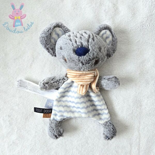 Doudou plat Souris gris bleu blanc foulard rayé TAPE A L'OEIL TAO