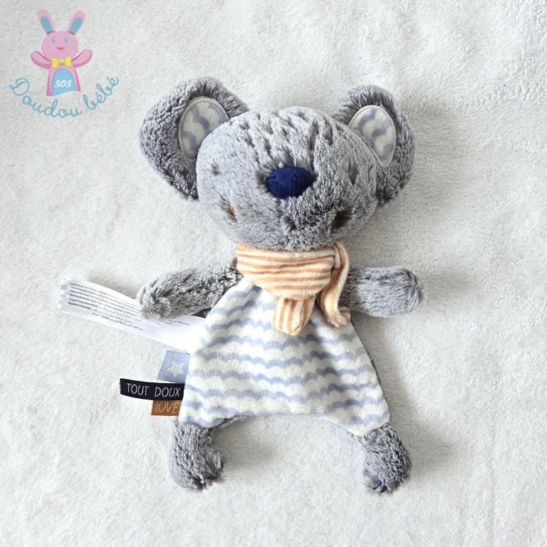 Doudou plat Souris gris bleu blanc foulard rayé TAPE A L'OEIL TAO