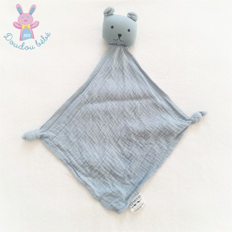 Doudou plat Ours lange coton bleu LIEWOOD