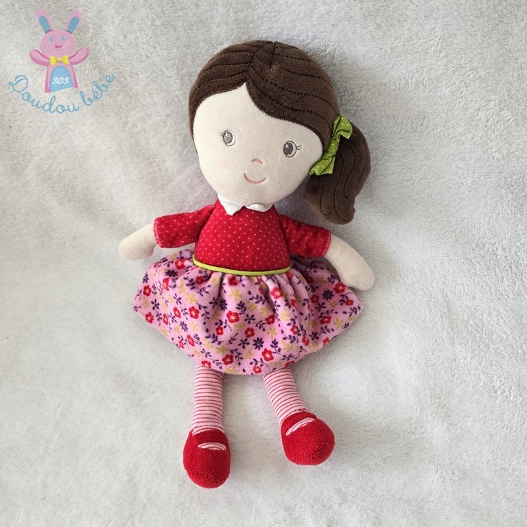 Doudou Poupée chiffon fille rouge rose fleurs NICOTOY KIABI