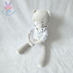 Doudou Chat gris blanc pull fleurs rose bleu OBAIBI OKAIDI