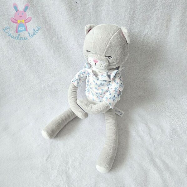 Doudou Chat gris blanc pull fleurs rose bleu OBAIBI OKAIDI