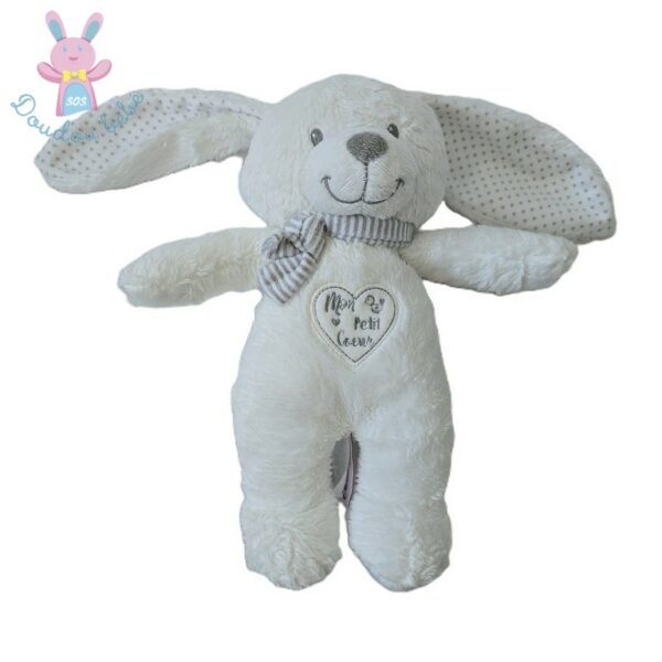 Doudou Lapin blanc gris mon petit cœur POMMETTE
