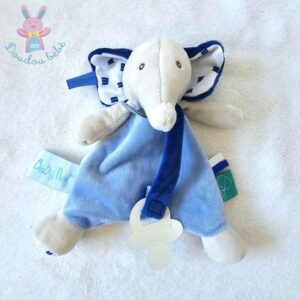 Doudou plat éléphant Edgar bleu gris attache tétine BABY NAT