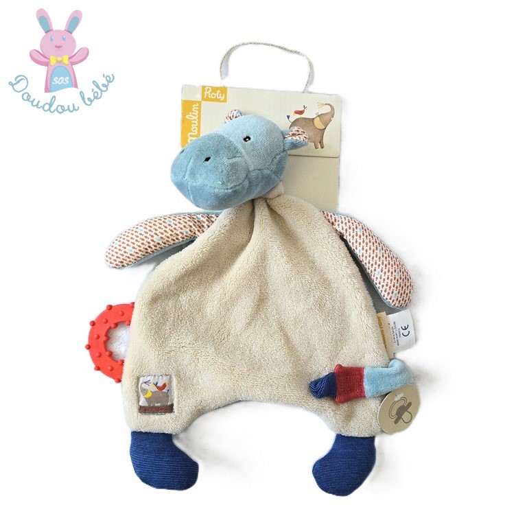 Doudou plat Hippopotame beige bleu Les Papoum MOULIN ROTY