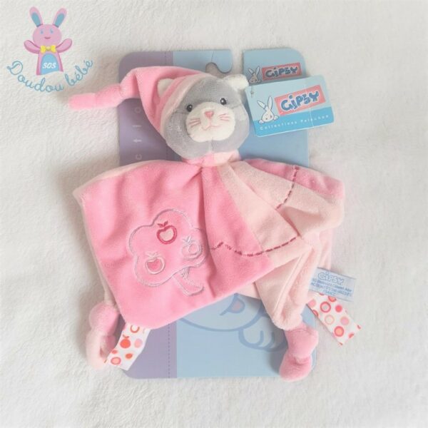 Doudou plat Chat rose gris bonnet pommes GIPSY