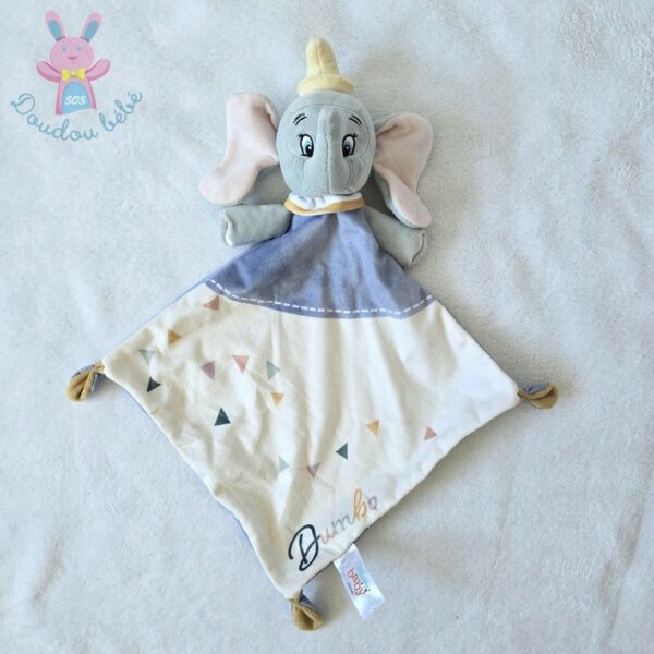 Doudou plat éléphant Dumbo bleu blanc banderole triangles DISNEY
