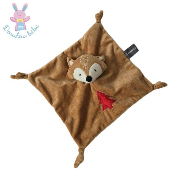Doudou plat Renard marron blanc sapin rouge ORCHESTRA