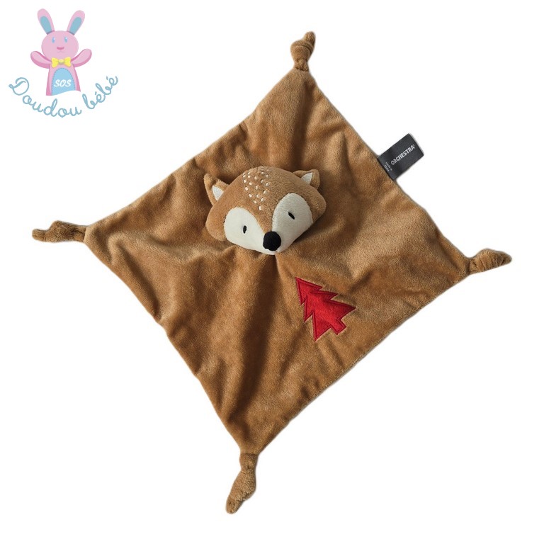 Doudou plat Renard marron blanc sapin rouge ORCHESTRA